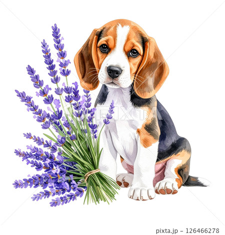 ラベンダーの花束とビーグルの子犬のイラスト4／チラシやポスター用素材 126466278