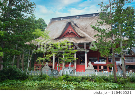 鶴岡市　出羽三山神社　三神合祭殿を鏡池越しに臨む 126466521