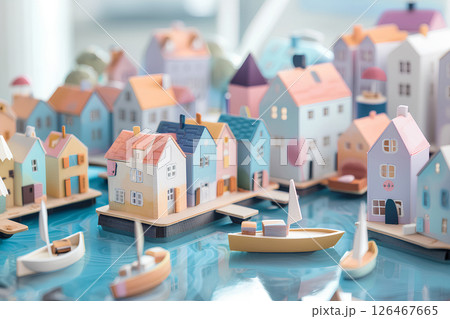 木工でできた海辺の小さな港町（3Dイラスト） 126467665