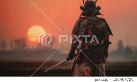 夕日を背に刀を携える侍 126467720