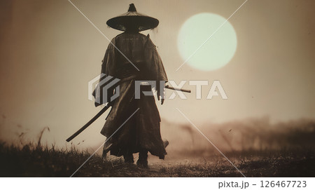 夕日を背に刀を携える侍のイラスト素材 [126467723] - PIXTA