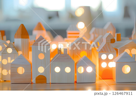 美しい灯りのある木工でできた街並み（3Dイラスト）-1 126467911