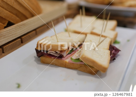 Sandwich toothpicks plate reuben sandwich with pastrami and swiss cheese isolated on white background 126467981