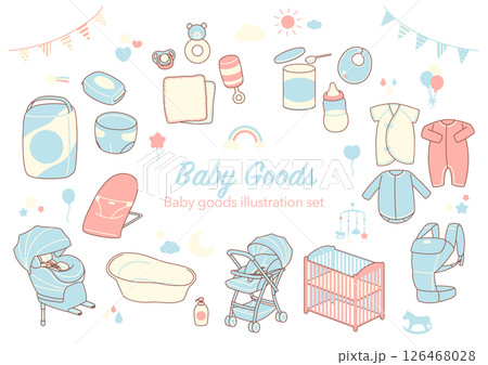 新生児に使うベビーグッズのイラストセット(線あり3色) 新生児に使うベビーグッズのイラストセット(線あり3色) 126468028