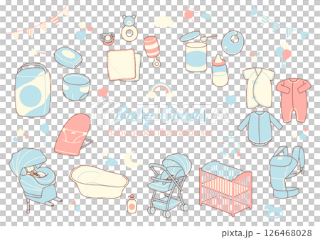 新生兒嬰兒用品插圖集(3色線條) 新生兒嬰兒用品插圖集(3色線條) 126468028