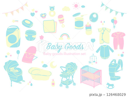 新生児に使うベビーグッズの手描き風イラストセット(線なし3色) 126468029