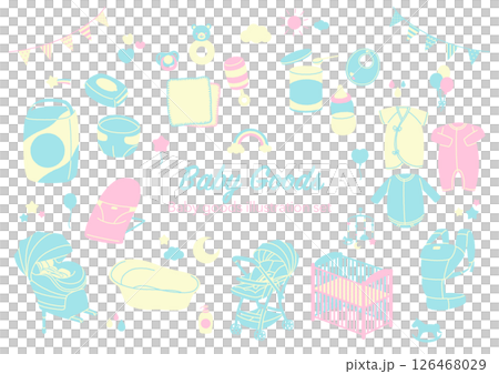 新生児に使うベビーグッズの手描き風イラストセット(線なし3色) 126468029
