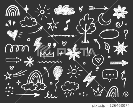 Hand drawn crayon chalk icon set. Cute flower, heart, cloud, star, crown and rainbow in colorful kid scribble style. Tree, house, smile, sun school sketch nature children design. Vector Hand drawn crayon chalk icon set. Cute flower, heart, cloud, star, crown and rainbow in colorful kid scribble style. Tree, house, smile, sun school sketch nature children design. Vector 126468074