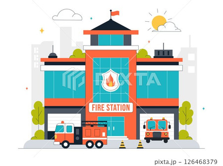 Fire Station Building Vector Illustration Featuring a Department and Fire Engine Car with Firefighters in a Flat Style Cartoon Background 126468379