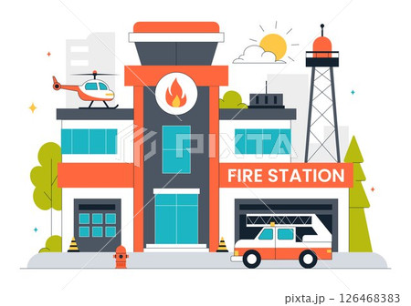 Fire Station Building Vector Illustration Featuring a Department and Fire Engine Car with Firefighters in a Flat Style Cartoon Background Fire Station Building Vector Illustration Featuring a Department and Fire Engine Car with Firefighters in a Flat Style Cartoon Background 126468383