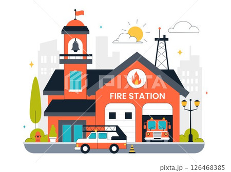 Fire Station Building Vector Illustration Featuring a Department and Fire Engine Car with Firefighters in a Flat Style Cartoon Background 126468385