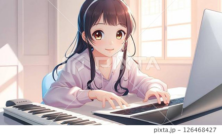 明るい室内で作曲をする女の子｜音楽制作・DTM・アニメ風イラスト 126468427
