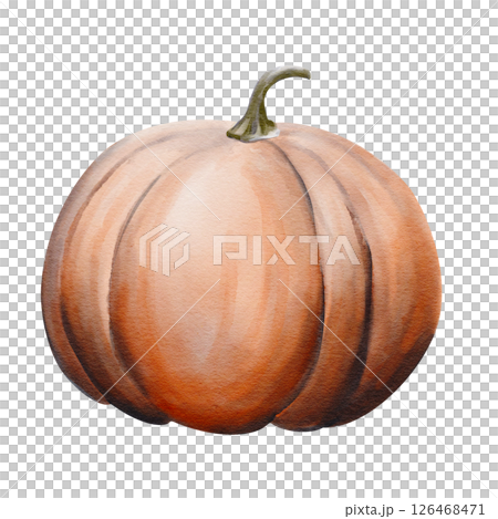 Big orange round pumpkin. Autumn harvest. Ripe vegetable. Homemade natural products. Halloween decor. Harvest festival. Watercolor illustration. Hand drawing. High quality illustration Big orange round pumpkin. Autumn harvest. Ripe vegetable. Homemade natural products. Halloween decor. Harvest festival. Watercolor illustration. Hand drawing. High quality illustration 126468471