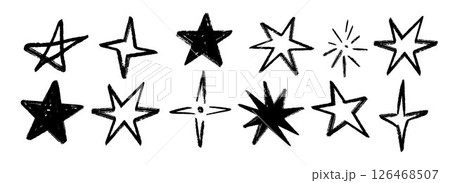 Black crayon hand drawn stars set. Childish doodled sparkles and sparks collection. Grunge rough brush stroke shine element pack for collage, poster, sticker. Kid sketched wax pencil symbols. Vector Black crayon hand drawn stars set. Childish doodled sparkles and sparks collection. Grunge rough brush stroke shine element pack for collage, poster, sticker. Kid sketched wax pencil symbols. Vector 126468507