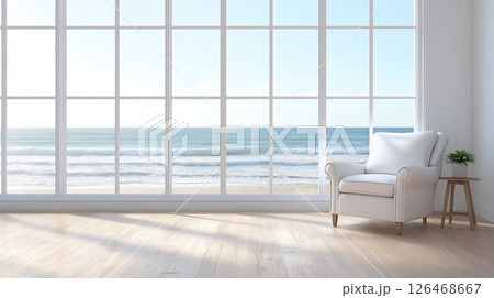 empty room with large windows that offer a beautiful view of the ocean. The room has a wooden floor and white walls. The windows are large and let in natural light empty room with large windows that offer a beautiful view of the ocean. The room has a wooden floor and white walls. The windows are large and let in natural light 126468667