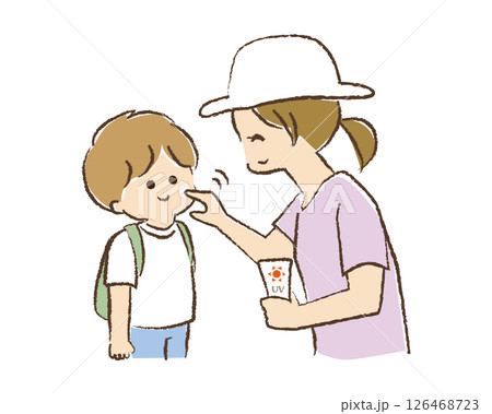 母親が子どもの顔に日焼け止めクリームを塗っているイラスト 母親が子どもの顔に日焼け止めクリームを塗っているイラスト 126468723