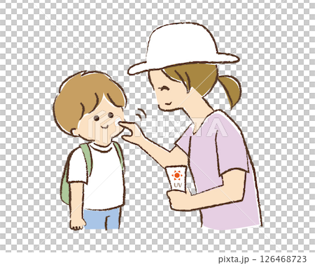母親が子どもの顔に日焼け止めクリームを塗っているイラスト 母親が子どもの顔に日焼け止めクリームを塗っているイラスト 126468723