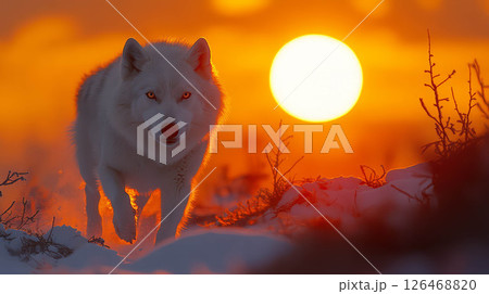 A white wolf gracefully walks through snow during a stunning sunset. 126468820