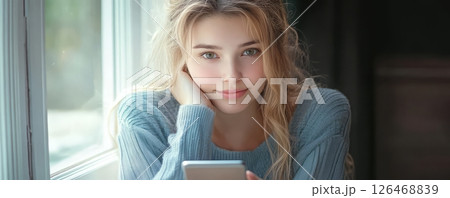 A young woman with long hair, looking thoughtfully at her smartphone by a window. 126468839