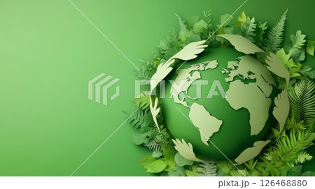 A green globe surrounded by leaves, symbolizing environmental conservation. A green globe surrounded by leaves, symbolizing environmental conservation. 126468880