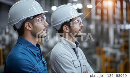 Two engineers observing machines in a modern industrial facility. 126468969