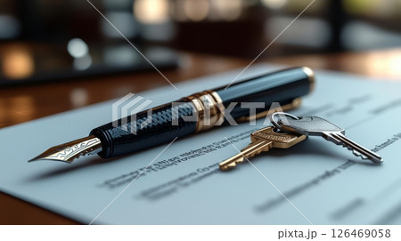 Elegant pen and keys resting on a contract, symbolizing business agreements and trust. 126469058