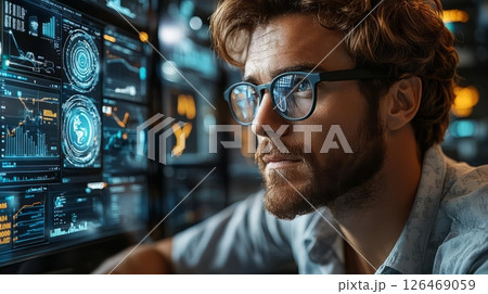 Focused man working with futuristic interface and digital data on a computer screen. 126469059