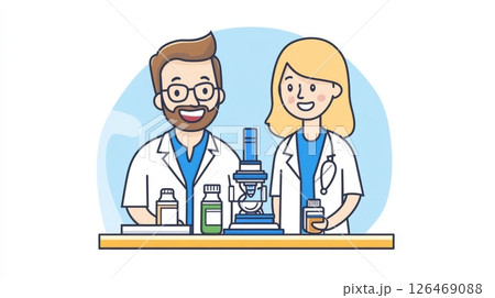 Two scientists working together with a microscope and lab equipment. 126469088