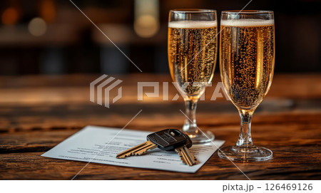 Two elegant champagne flutes on a wooden table with keys and a note. Two elegant champagne flutes on a wooden table with keys and a note. 126469126