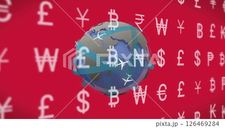 Image of financial currency symbols over globe 126469284