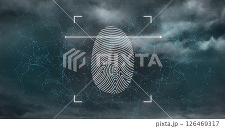 Image of biometric fingerprint and data processing over clouds 126469317