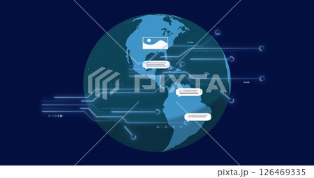 Image of computer circuit board over globe with icons on blue background Image of computer circuit board over globe with icons on blue background 126469335