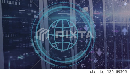 Image of globe icon and digital data processing over computer servers 126469366