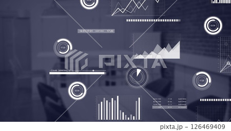 Image of data processing and cityscape over office 126469409