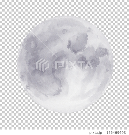 Full moon. Big round white moon with grey spots. Watercolor illustration isolated from background. Hand drawing. spots, stains. Realistic romantic illustration. High quality illustration 126469498