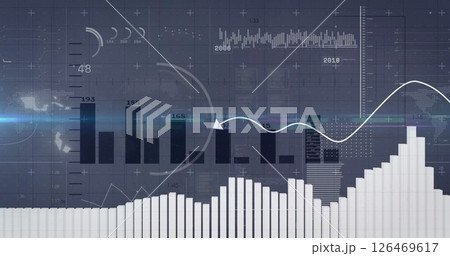 Financial data charts and graphs with fluctuating lines image over world map 126469617