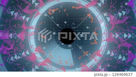Geometric shapes and particles image surrounding central black circle Geometric shapes and particles image surrounding central black circle 126469637