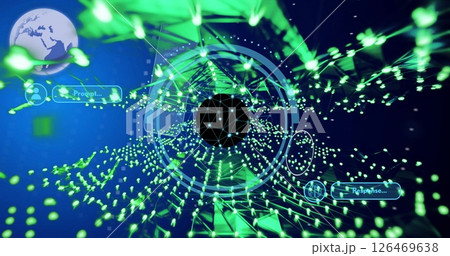 Green and blue digital data processing image with geometric shapes and network connections Green and blue digital data processing image with geometric shapes and network connections 126469638