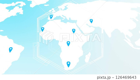 Map with location markers image over hexagonal grid Map with location markers image over hexagonal grid 126469643