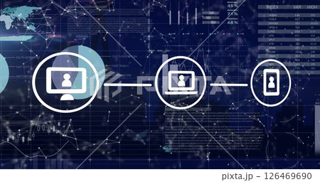 Image of network of connections with icons and statistics over dark background Image of network of connections with icons and statistics over dark background 126469690