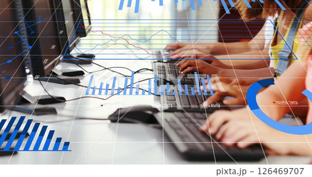Image of financial data processing over caucasian schoolchildren using computers Image of financial data processing over caucasian schoolchildren using computers 126469707