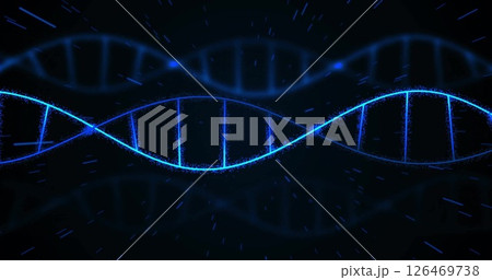 Image of blue trails and dna strands on black background 126469738