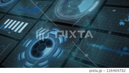 Image of digital data processing and scopes scanning on screens over black background Image of digital data processing and scopes scanning on screens over black background 126469782