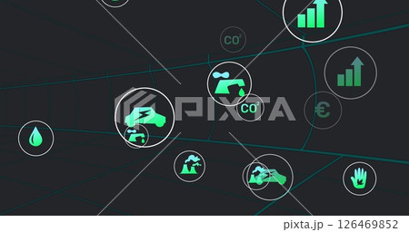 Image of energy and finance icons rising on black background 126469852