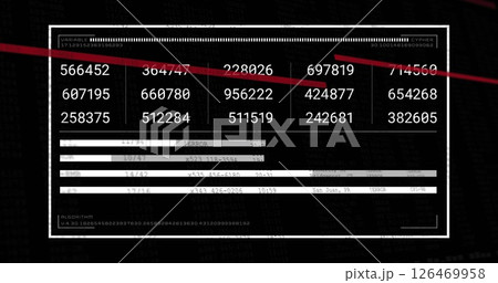 Image of red lines over numeric data processing on black background 126469958