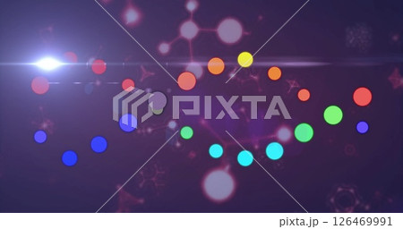 Image of colourful shapes moving over molecules and dna strand 126469991