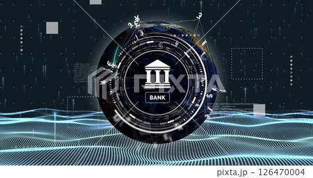 Image of bank scanner with currency symbols over processing data and network wave Image of bank scanner with currency symbols over processing data and network wave 126470004