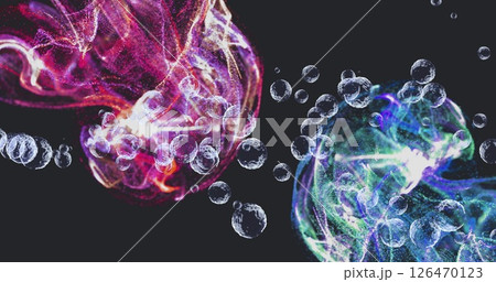 Image of glowing light spots and light trials moving over black background Image of glowing light spots and light trials moving over black background 126470123