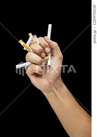 Human hand breaks cigarettes, rolled tobacco in paper with a filter tube, with a black background. Concept of no or quit smoking, a bad habit, and unhealthy Human hand breaks cigarettes, rolled tobacco in paper with a filter tube, with a black background. Concept of no or quit smoking, a bad habit, and unhealthy 126470430