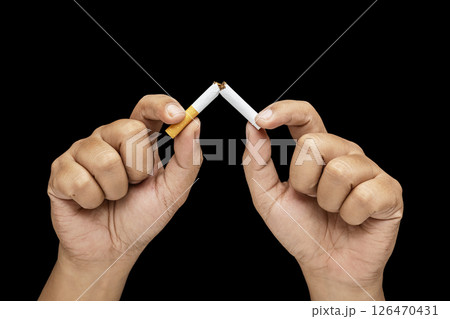 Human hand breaks a cigarette, rolled tobacco in paper with a filter tube, with a black background. Concept of no or quit smoking, a bad habit, and unhealthy 126470431